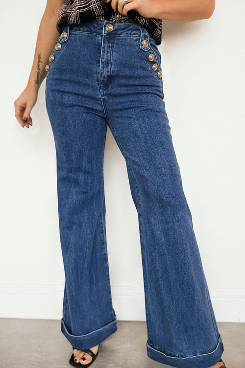 Hazel Blues® |  Ashleigh Blue Golden Button Detail Rolled Edge Flare Leg Jeans