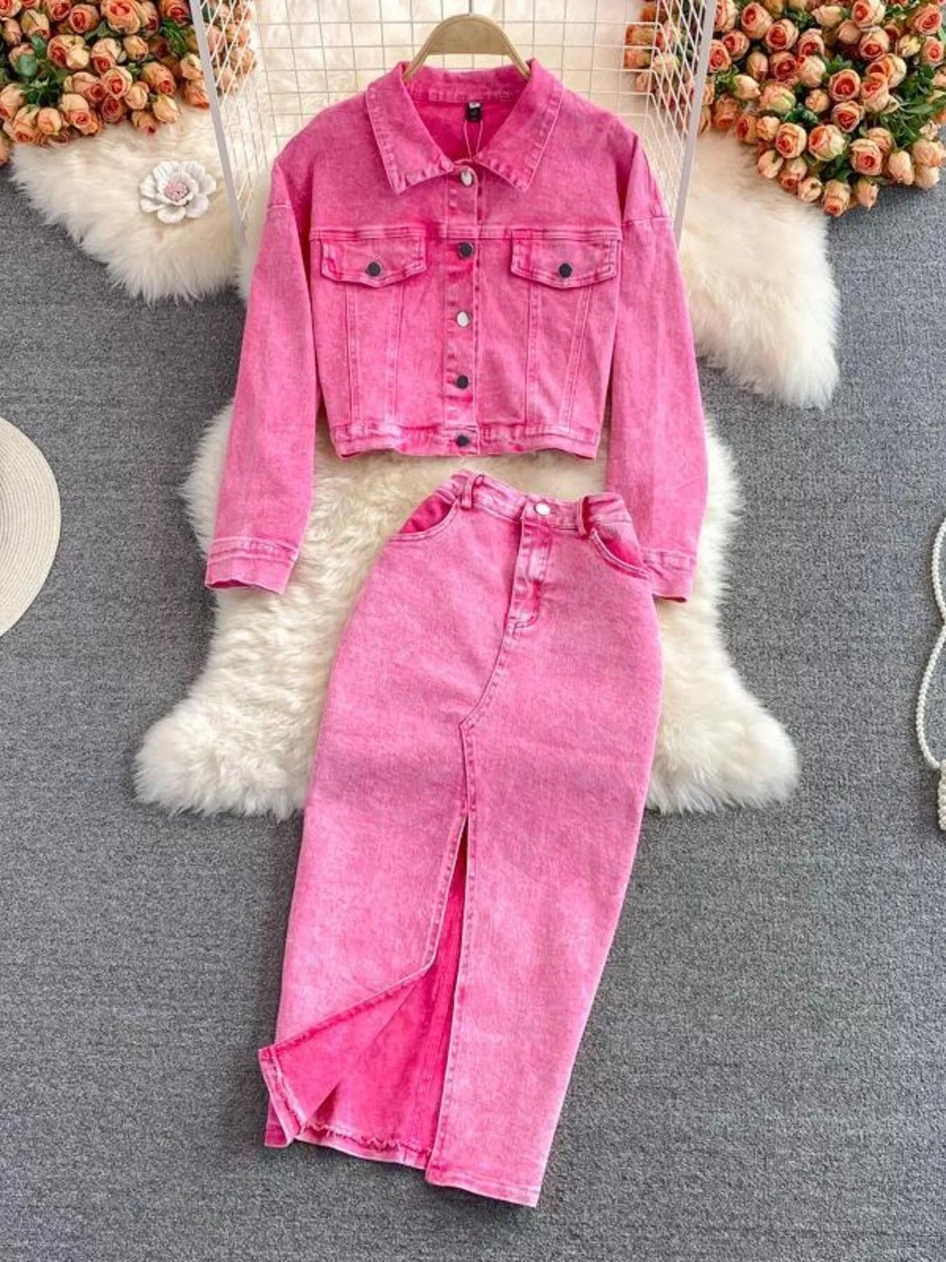Hazel Blues® |  Button Up Jacket and Slit Skirt Denim Set