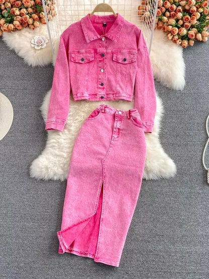 Hazel Blues® |  Button Up Jacket and Slit Skirt Denim Set