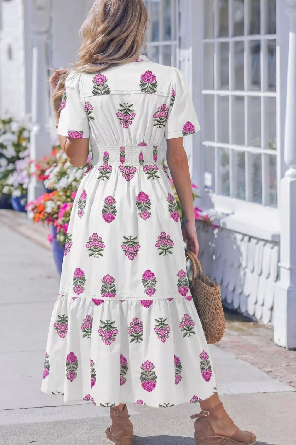 Hazel Blues® |  Floral Print Split Neck Shirred High Waist Ruffle Hem Midi Dress