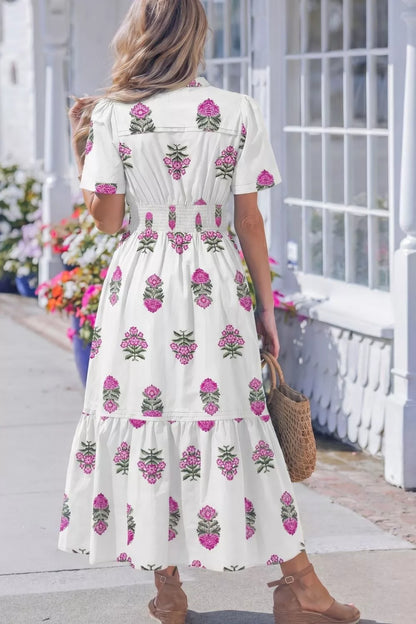 Hazel Blues® |  Floral Print Split Neck Shirred High Waist Ruffle Hem Midi Dress