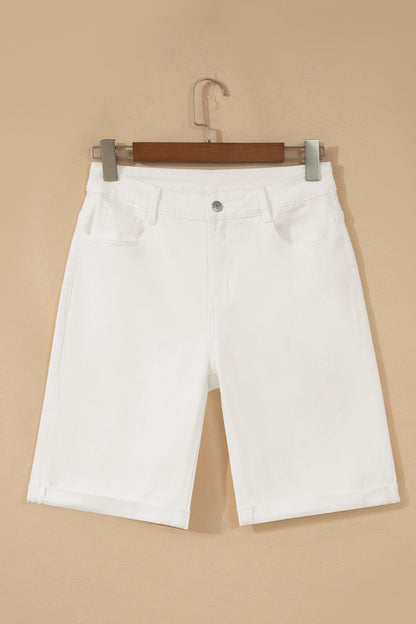 Hazel Blues® |  White Solid Color Rolled Cuffs Denim Bermuda Shorts