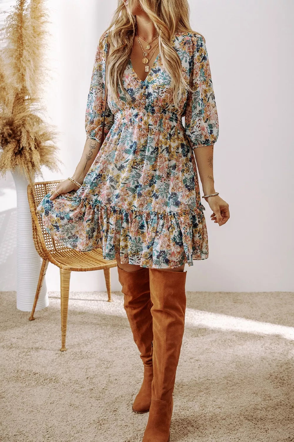 Hazel Blues® |  Floral Print Ruffle Hem Mini Dress