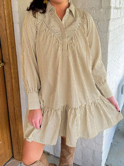 Hazel Blues® |  Stripe Collared Neck Cuffed Long Sleeve Drop Waist Mini Dress