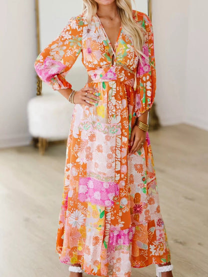 Hazel Blues® |  Vibrant Floral Long Sleeve Dress with Lace-Up Back