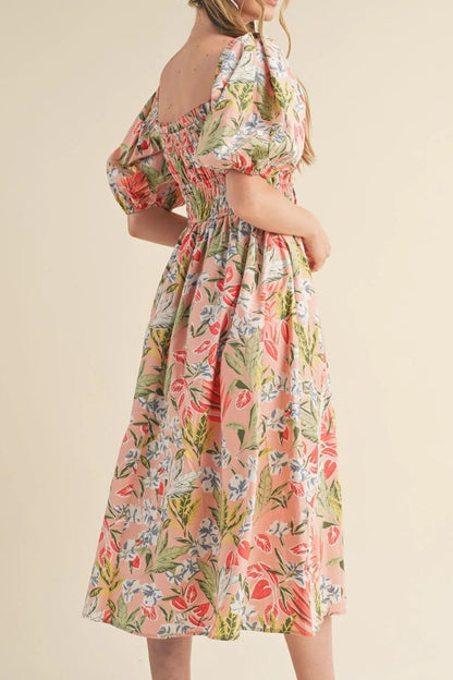 Hazel Blues® |  Floral Smocked Square Neck Puff Short Sleeve Midi Dress