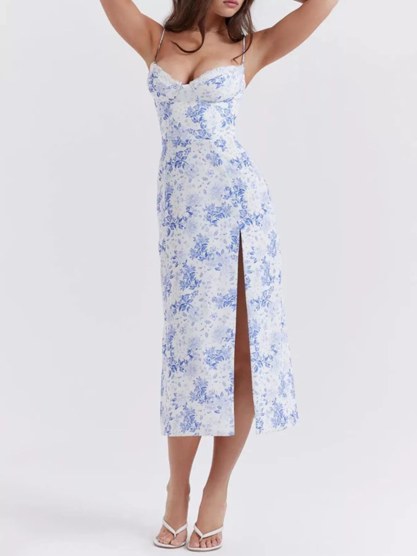 Hazel Blues® |  Floral Print Lace Trim Slit Midi Dress