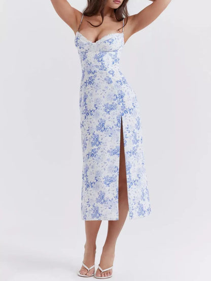 Hazel Blues® |  Floral Print Lace Trim Slit Midi Dress