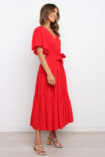 Hazel Blues® |  Front Tie Short Sleeve Tiered Midi Dress