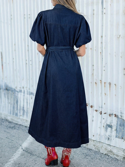 Hazel Blues® |  Belted Button-Down Midi Denim Dress