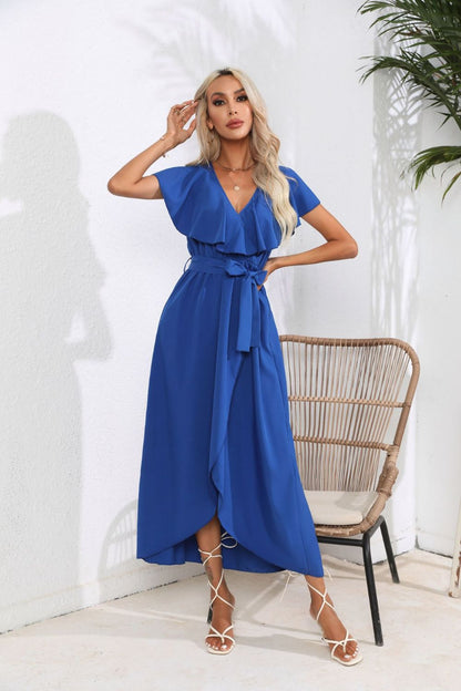 Hazel Blues® |  Tied Front Ruffled Short Sleeve Midi Dress