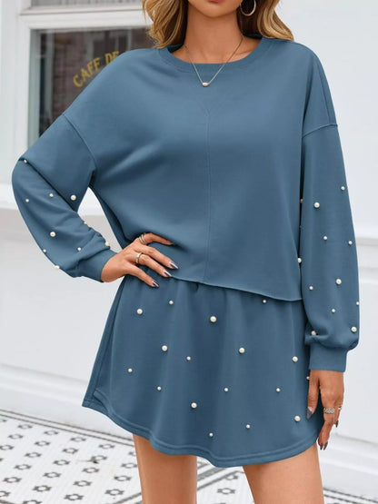 Hazel Blues® |  Pearl Embellished Round Neck Top and Skort Set