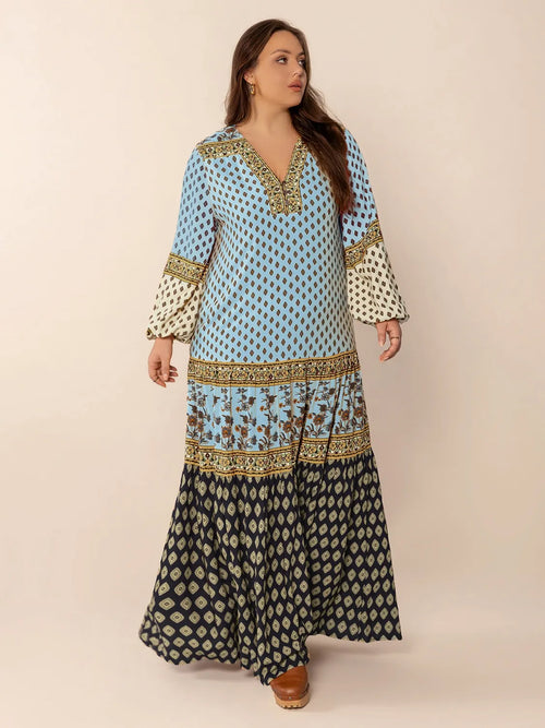 Hazel Blues® | Printed V-Neck Balloon Sleeve Maxi Dress