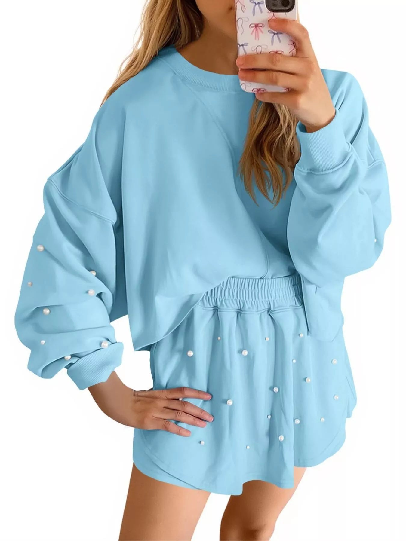 Hazel Blues® |  Pearl Embellished Round Neck Top and Skort Set