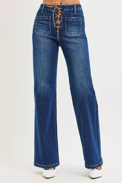 Hazel Blues® | RISEN High Rise Wide Leg Jeans with Front Tie Detail