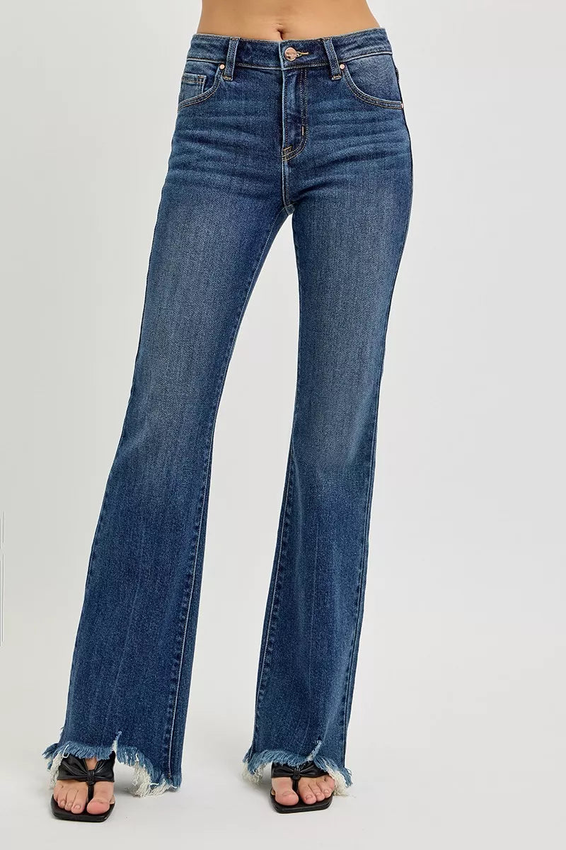 Hazel Blues® | RISEN Mid Rise Flare Frayed Hem Jeans