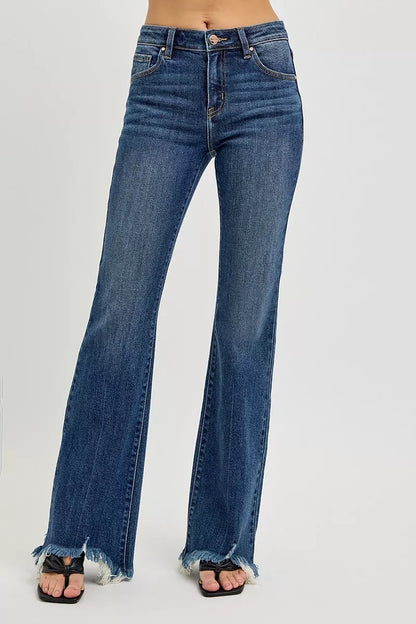 Hazel Blues® | RISEN Mid Rise Flare Frayed Hem Jeans