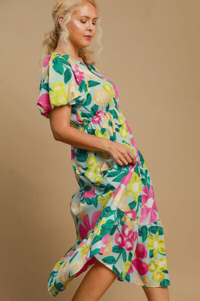 Hazel Blues® | Umgee Tiered Floral Print Notched Puff Sleeve Midi Dress