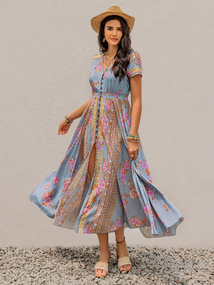 Hazel Blues® |  Smocked Floral V-Neck Short Sleeve Midi Dress
