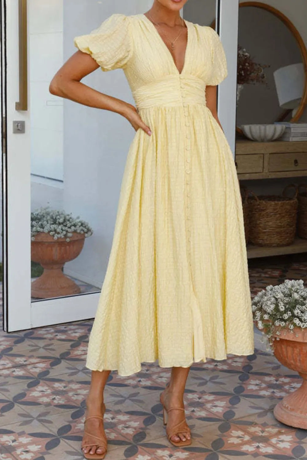 Hazel Blues® |  V-Neck Puff Short Sleeve Midi Dress