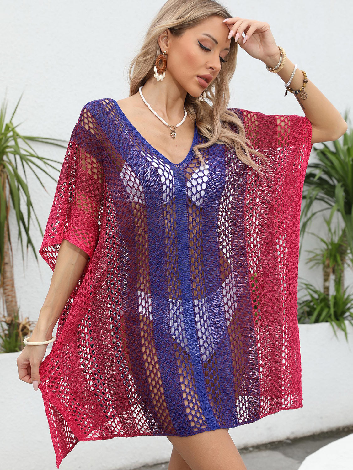 Hazel Blues® | Openwork Contrast V-Neck Cover-Up