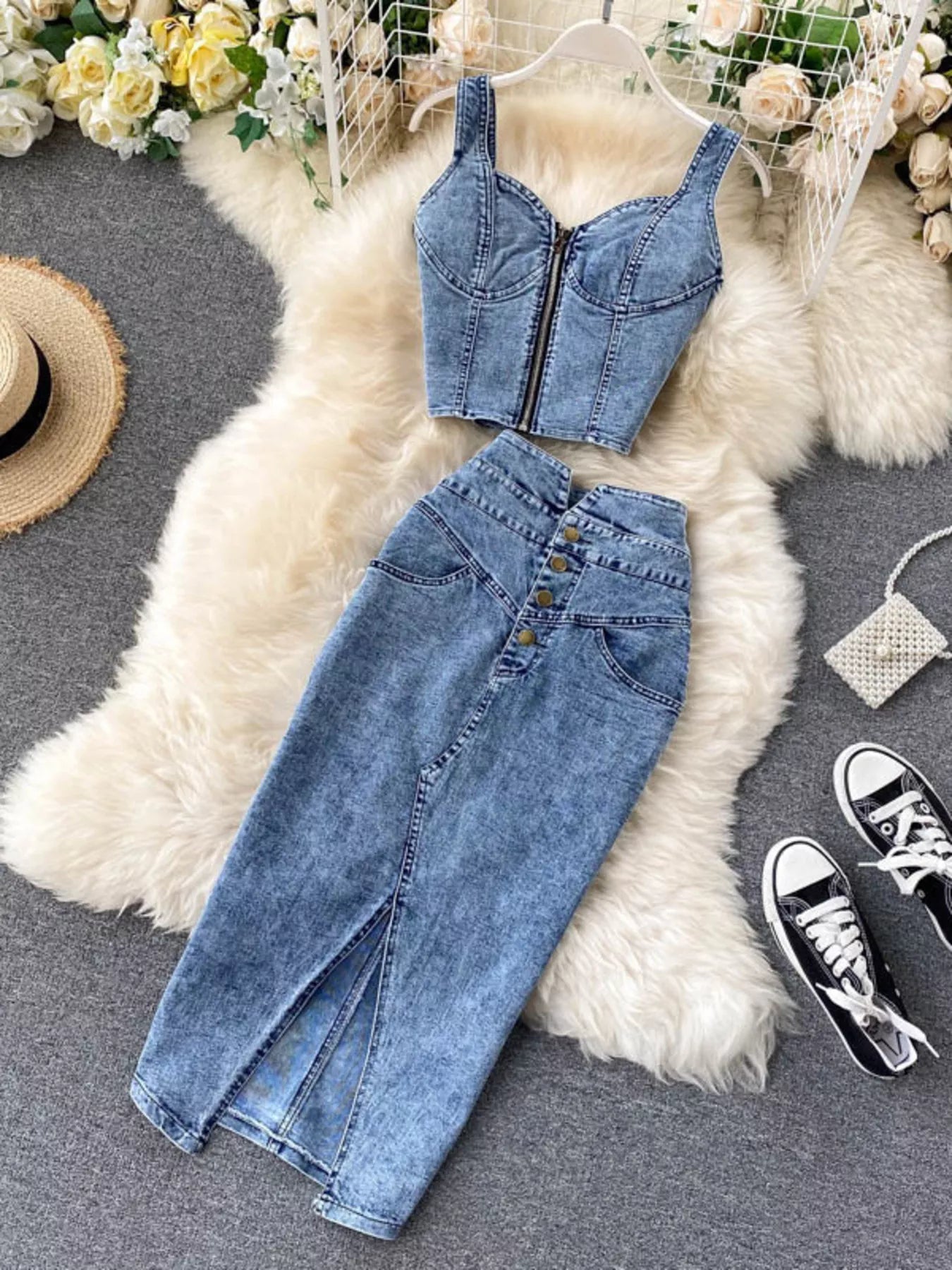 Hazel Blues® |  Zipper Top & Button Slit Skirt Denim Set