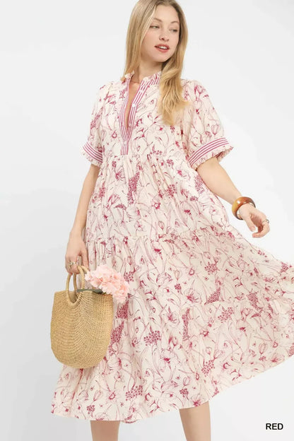 Hazel Blues® |  Umgee Floral Tiered Midi Dress with Ruffle Trim