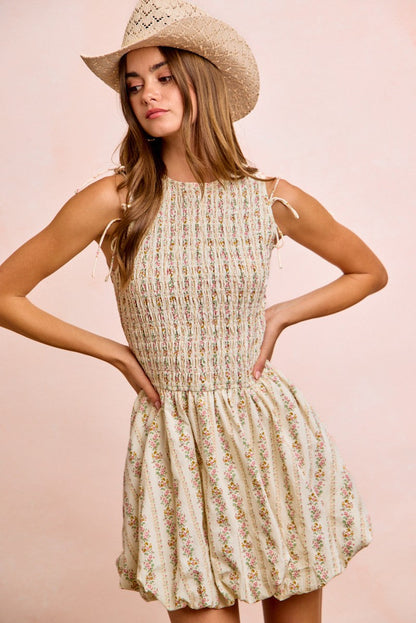 Hazel Blues® |  BiBi Floral Bow Tie Attachable Puff Sleeves Dress