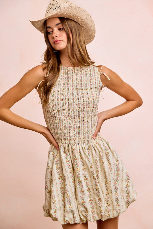 Hazel Blues® |  BiBi Floral Bow Tie Attachable Puff Sleeves Dress
