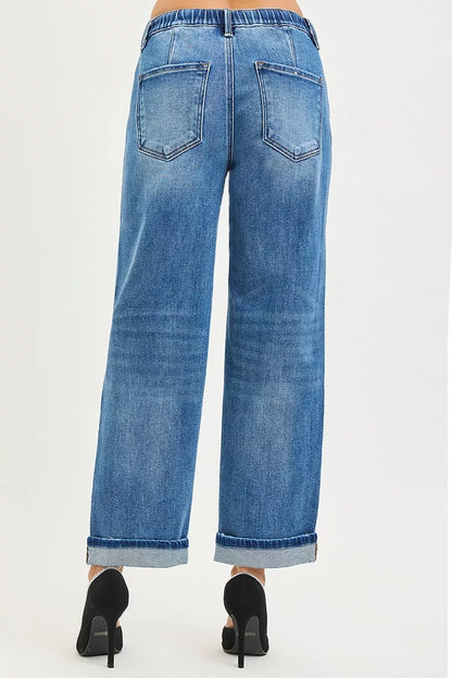 Hazel Blues® |  RISEN Elastic Band Slouch Ankle Boyfriend Cuffed Hem Jeans