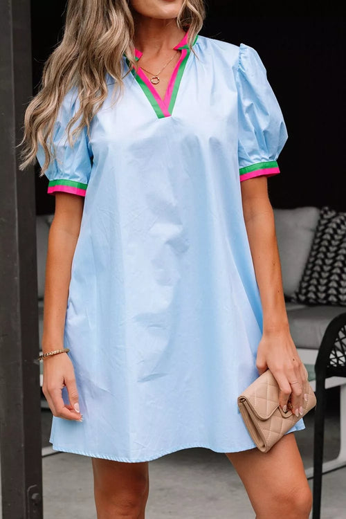 Hazel Blues® |  Puff Sleeve Mini Dress with Contrast Trim