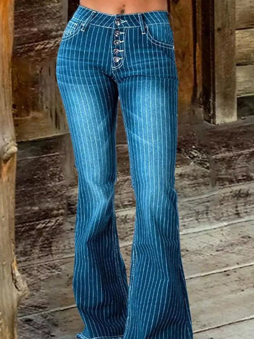 Hazel Blues® |  Striped Button Fly Flare Jeans