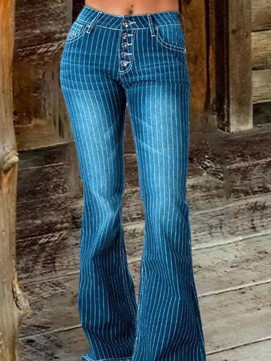 Hazel Blues® |  Striped Button Fly Flare Jeans