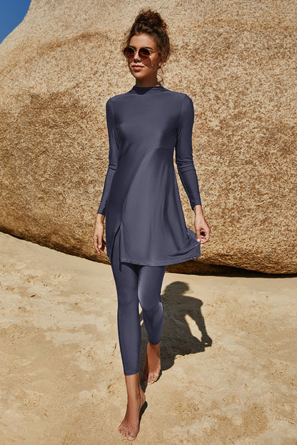 Hazel Blues® | Slit Mock Neck Long Sleeve Top and Pants Swim Set