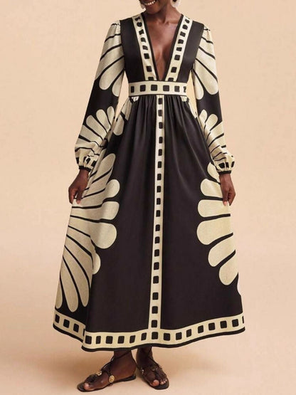 Hazel Blues® |  Printed Deep V-Neck Long Sleeve Dress
