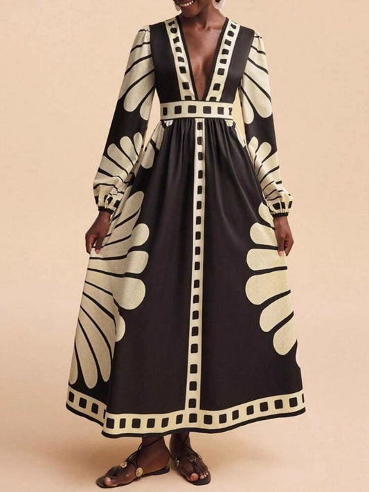Hazel Blues® |  Printed Deep V-Neck Long Sleeve Dress