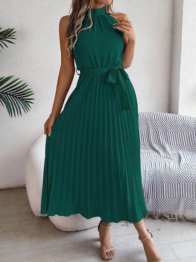 Hazel Blues® |  Grecian Neck Tie Waist Pleated Dress