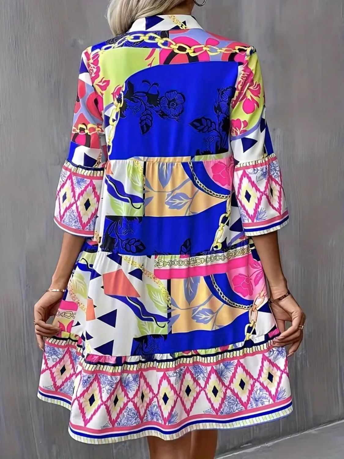 Hazel Blues® |  Printed Notched 3/4 Sleeve Tiered Dress