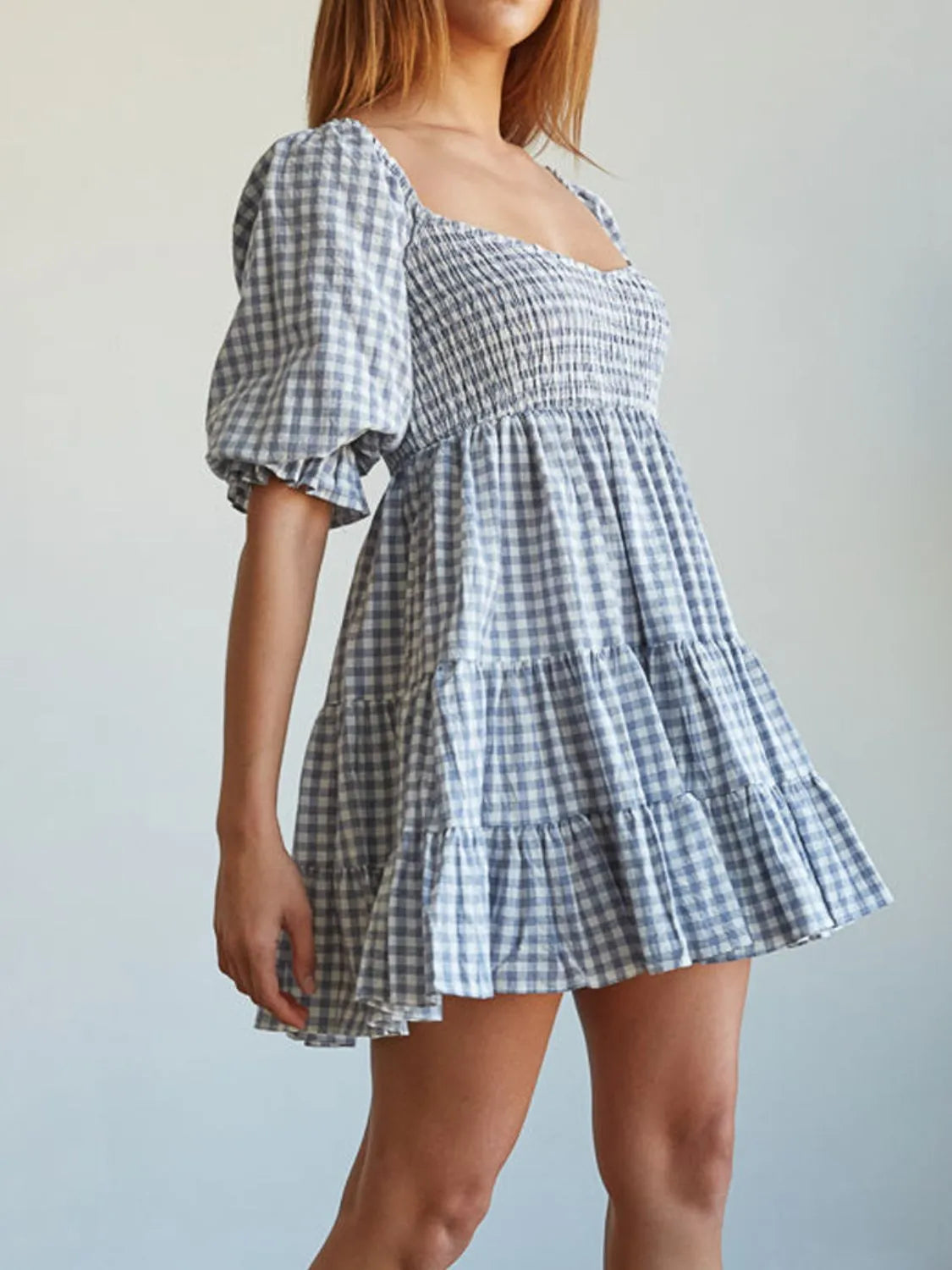 Hazel Blues® |  Ruffled Hem Plaid Half Sleeve Mini Dress