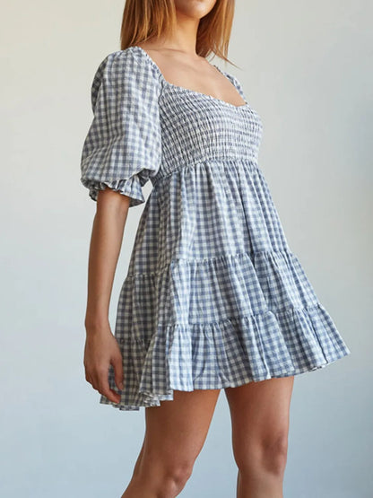 Hazel Blues® |  Ruffled Hem Plaid Half Sleeve Mini Dress