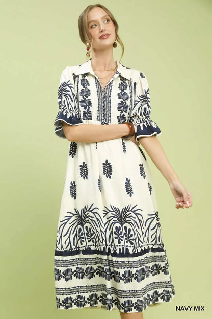Hazel Blues® |  Umgee Border Print Midi Dress with Puff Sleeves