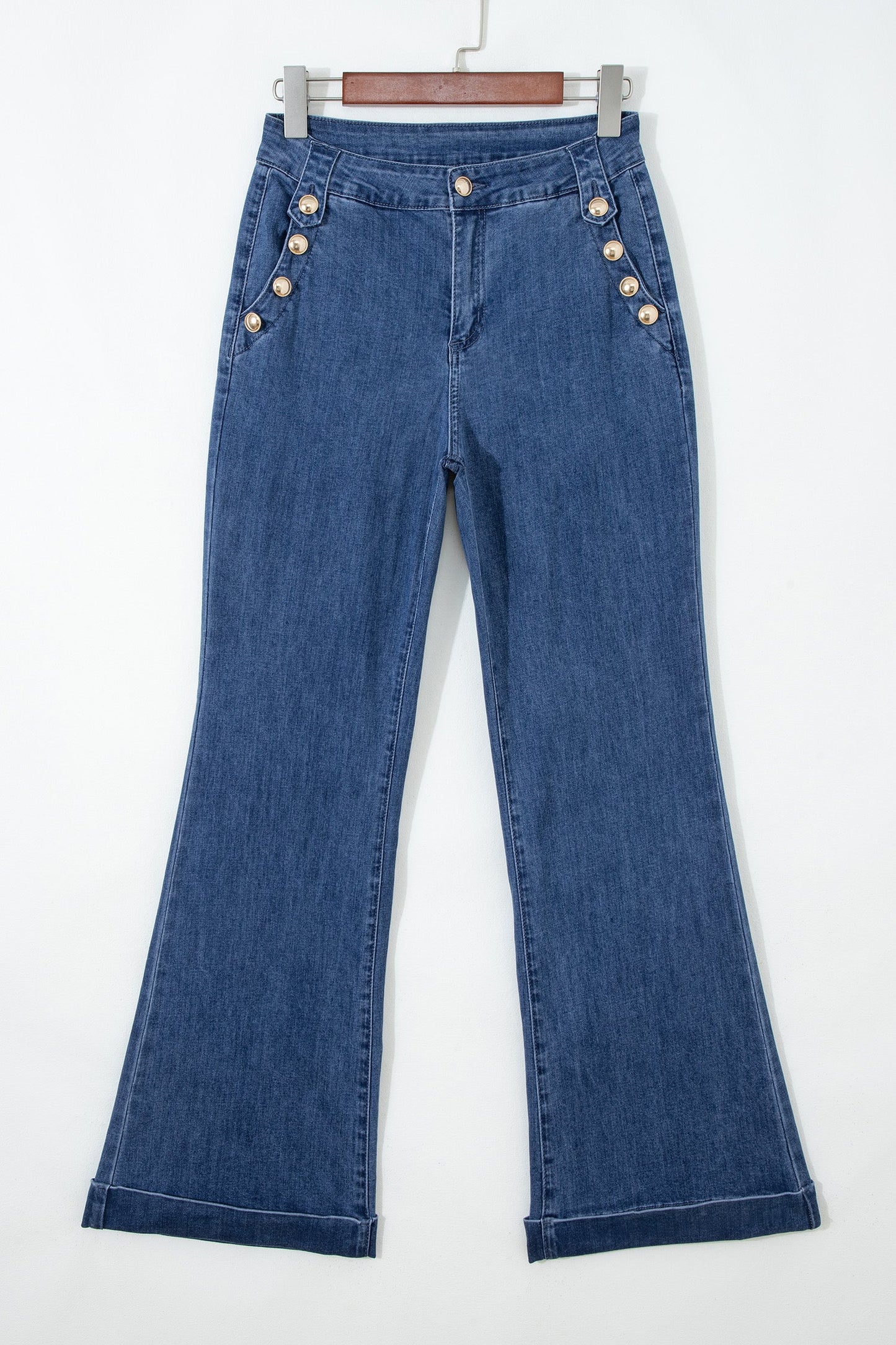Hazel Blues® |  Ashleigh Blue Golden Button Detail Rolled Edge Flare Leg Jeans