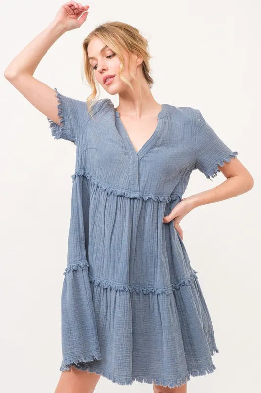Hazel Blues® |  And The Why Washed Frayed Detail Tiered Dress