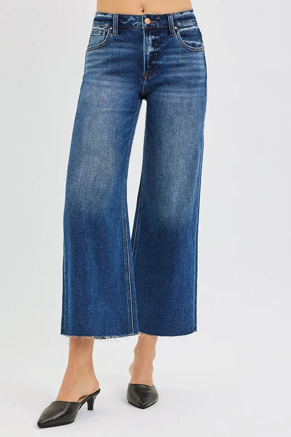 Hazel Blues® | RISEN Mid Rise Crop Wide Raw Cut Hem Jeans