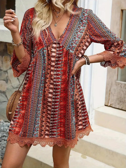 Hazel Blues® |  Lace Trim Printed V-Neck 3/4 Sleeve Dress