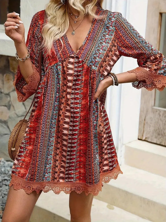 Hazel Blues® |  Lace Trim Printed V-Neck 3/4 Sleeve Dress