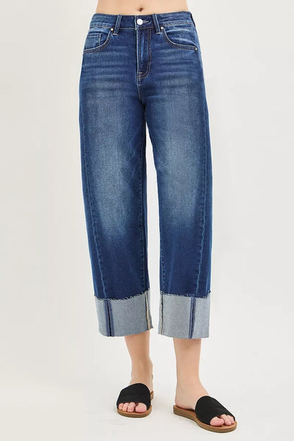 Hazel Blues® | RISEN Slouchy Crop Barrel Cuffed Jeans