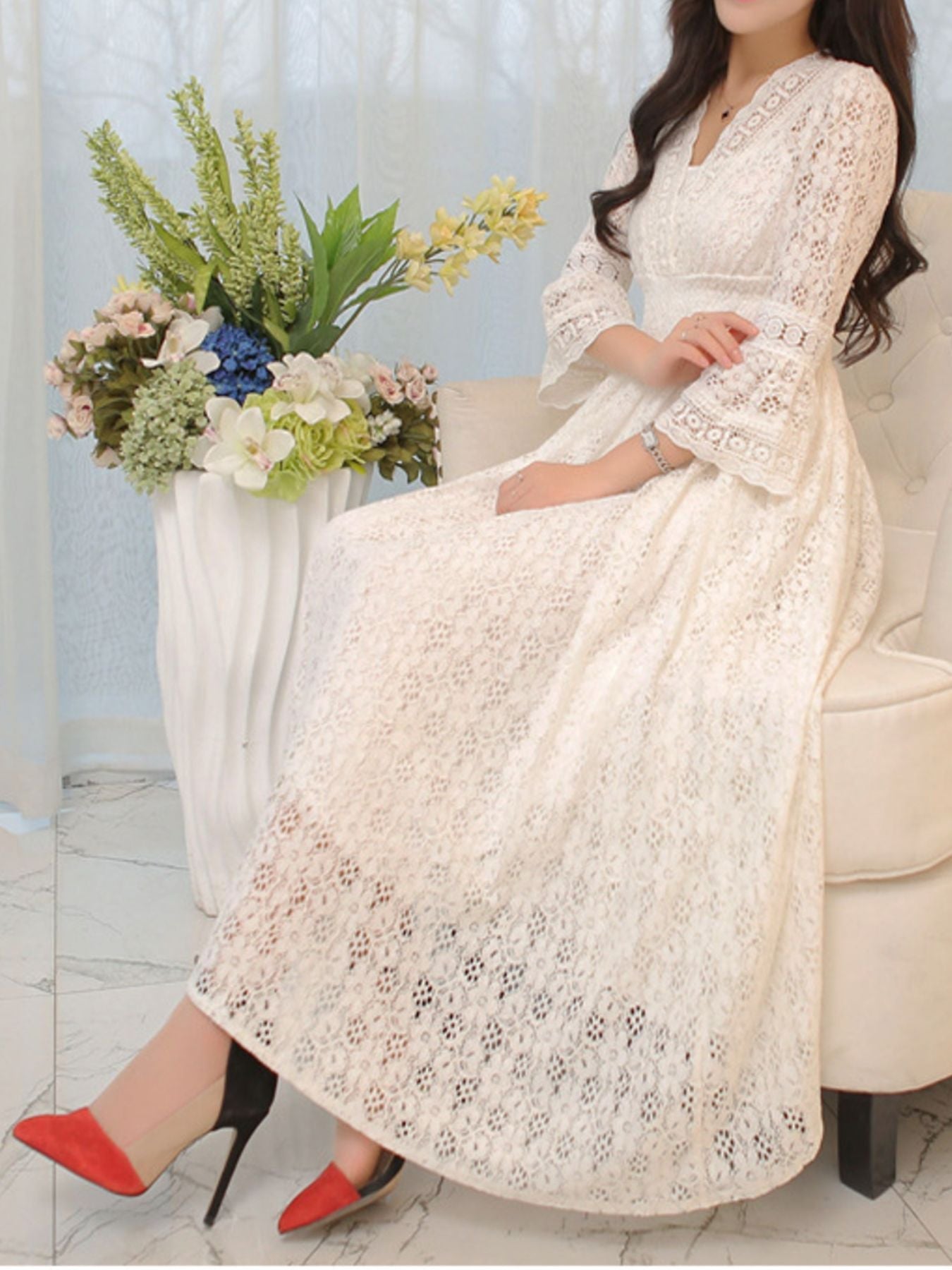 Hazel Blues® |  Lace 3/4 Sleeve Midi Dress