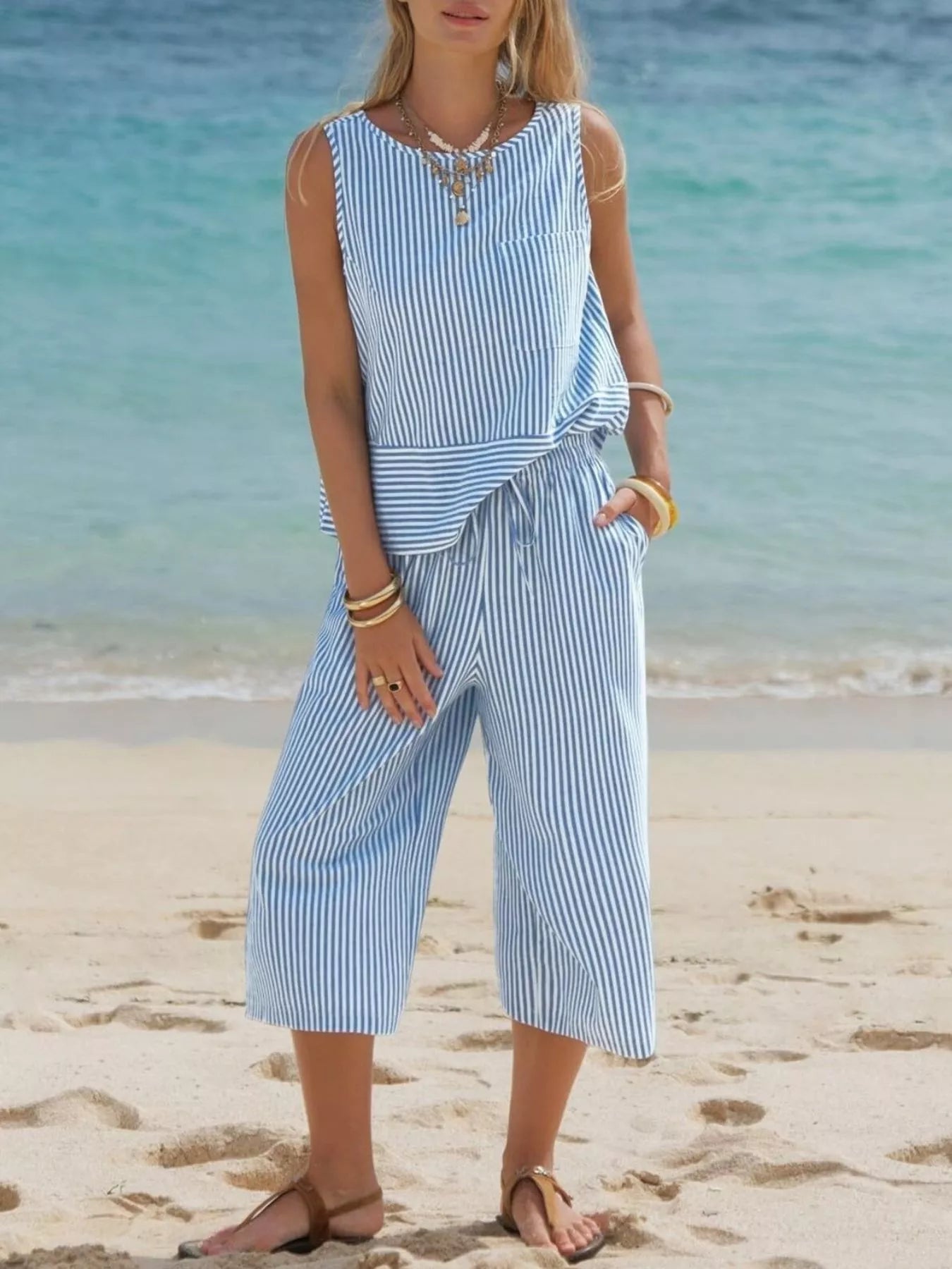 Hazel Blues® |  Striped Sleeveless Top and Cropped Pants Set