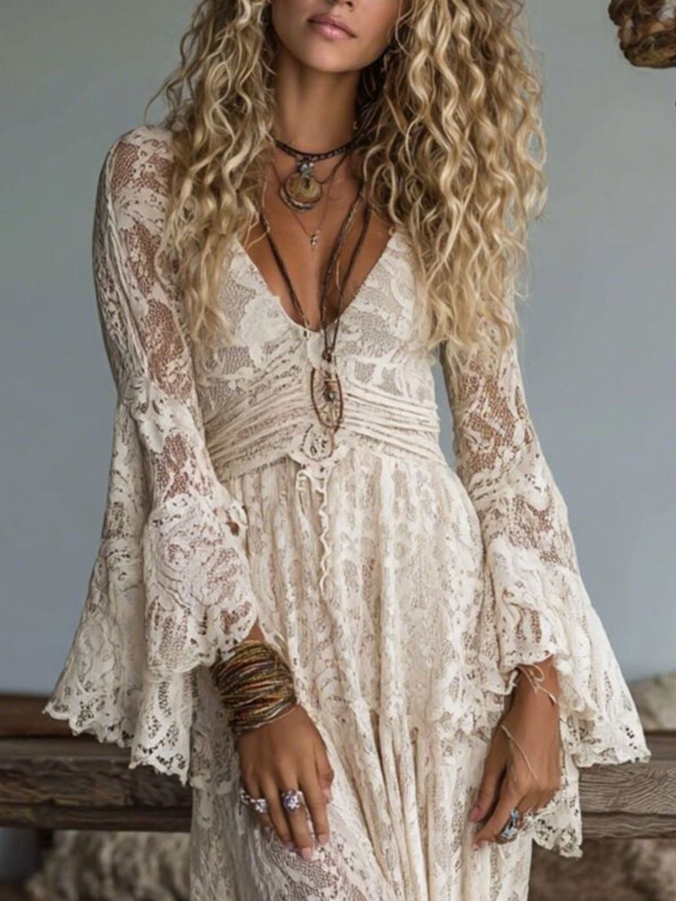 Hazel Blues® |  Lace Deep V-Neck Maxi Dress